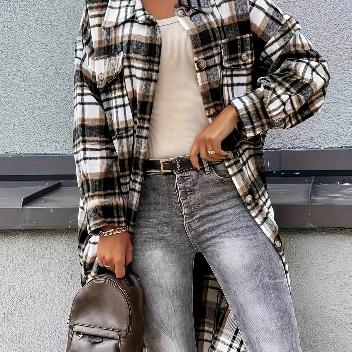 Laura - Abrigo largo de cuadros de mezcla de lana